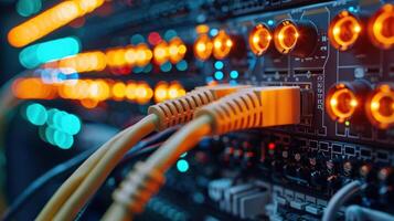 Close-up of glowing network cables connected to a server, showcasing vibrant LED lights in the background photo