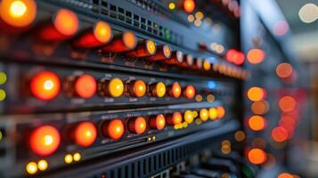 Close-up view of illuminated server rack with vibrant lights in a modern data center photo