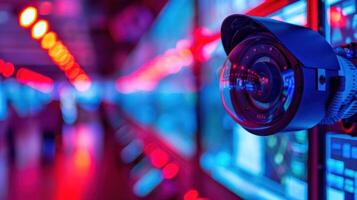 Surveillance camera capturing vibrant neon-lit environment in a high-tech monitoring room photo