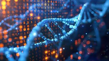 Abstract representation of DNA strands intertwined with binary code in a digital environment photo
