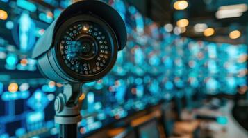 Surveillance camera in a high-tech monitoring room with screens displaying various data photo