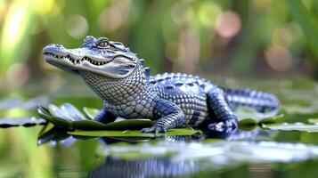 A close-up of a crocodile resting on lily pads in a tranquil water setting surrounded by lush greenery photo