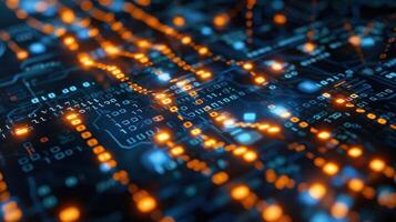 Abstract digital circuitry with glowing orange lines and blue background, representing technology photo