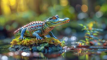 Colorful crocodile figurine resting on mossy rock in serene forest pond, dappled sunlight filtering through trees photo