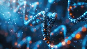 Abstract representation of DNA strands with glowing binary code in a futuristic digital environment photo