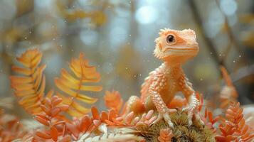 A vibrant orange lizard perched on foliage in a serene forest setting with soft bokeh photo