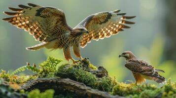 Majestic hawks displaying their wingspan in a lush forest setting, surrounded by vibrant greenery photo