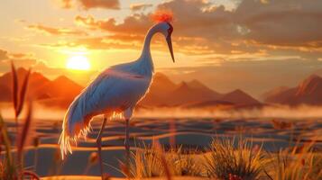 Majestic crane standing in a serene landscape at sunset, with mountains and mist in the background photo