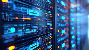 Abstract view of illuminated data servers in a modern data center showcasing technology photo
