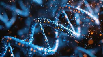 Abstract representation of DNA strands illuminated with glowing particles in a dark background photo