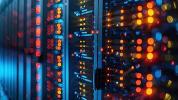 Vibrant server room filled with blinking lights, showcasing data processing in a tech environment photo