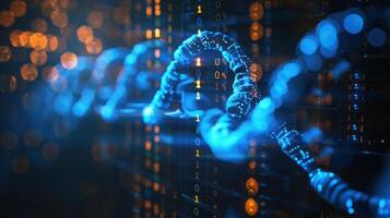 Abstract representation of digital data flow with glowing chains and binary code in the background photo