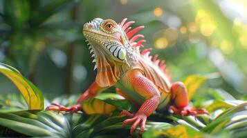Vibrant iguana perched on lush green leaves, basking in sunlight with blurred background photo