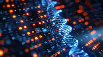 Abstract representation of DNA structure intertwined with digital data streams and glowing lights photo
