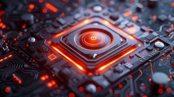 Close-up of a futuristic microchip with glowing circuits and intricate details in a tech environment photo