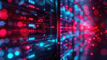 Abstract representation of digital data flow with vibrant blue and red lights in a server environment photo