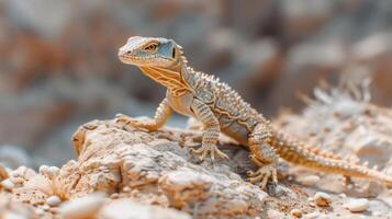 A close-up of a lizard perched on a rocky surface, with blurred desert landscape in the background photo