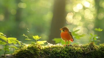 A vibrant bird perched on a mossy log in a sunlit forest, surrounded by lush greenery and soft bokeh photo