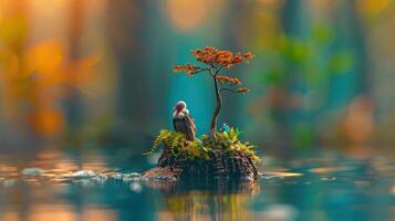 A serene miniature scene featuring a bird on a small island with a tree, surrounded by tranquil water photo