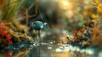 Elegant crane wading through a serene pond surrounded by vibrant autumn foliage and soft light photo
