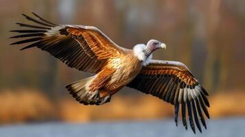 Majestic vulture soaring over a serene lake with blurred autumn foliage in the background photo