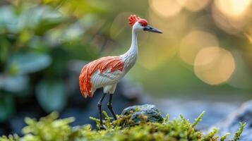 A beautifully detailed figurine of a crane standing on mossy rocks amidst a blurred natural background photo