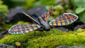 Colorful insect with striking wings perched on vibrant moss in a lush garden setting photo