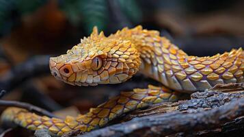 Close-up of a vibrant yellow and orange snake resting on textured branches in a natural setting photo