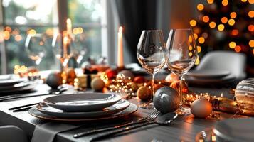 Elegant holiday dinner setting with decorative tableware, candles, and festive lights in background photo