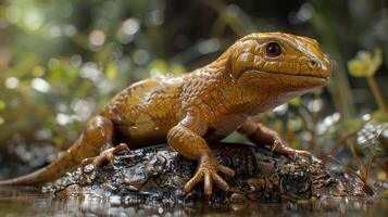 Close-up of a vibrant lizard perched on a rock in a lush, green environment with soft lighting photo