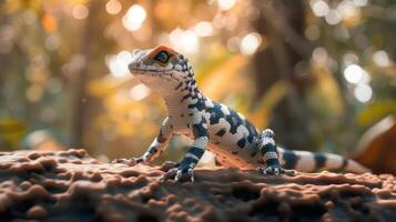 Colorful lizard perched on a textured surface in a vibrant, blurred forest setting photo