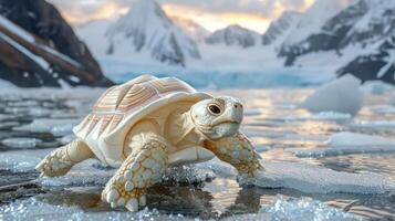 A realistic turtle navigating icy waters with majestic mountains and glaciers in the background photo