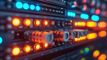 Close-up view of illuminated control panel with colorful lights and knobs in a tech environment photo