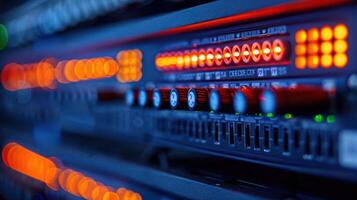 Close-up of illuminated server rack showcasing data processing equipment in a tech environment photo