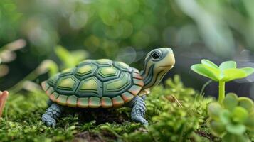 A vibrant turtle exploring a lush green environment with blurred foliage in the background photo