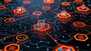 Abstract digital network visualization with interconnected nodes and security icons, highlighting technology photo