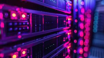 Close-up view of illuminated server racks in a data center with vibrant LED lights and technology photo
