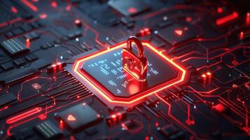 Close-up of a glowing padlock on a circuit board, symbolizing cybersecurity and technology photo