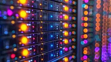 Close-up of illuminated server racks showcasing vibrant lights in a data center environment photo