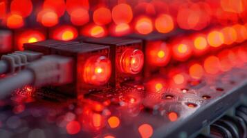Close-up of glowing red LED lights on a circuit board, showcasing technology in action photo