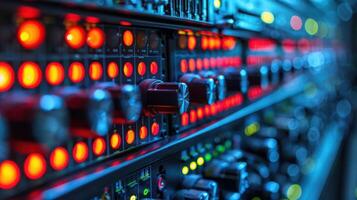 Close-up of illuminated control panel with colorful lights and buttons in a tech environment photo