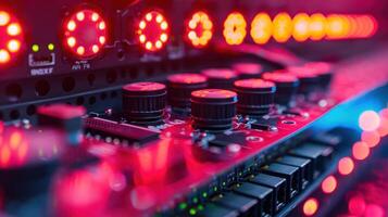 Close-up of illuminated audio equipment with vibrant red lights and knobs in a studio setting photo