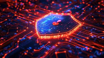 Abstract representation of a digital shield with heart symbol on a vibrant circuit board photo