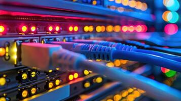 Close-up of colorful server lights and cables in a data center, showcasing technology in action photo