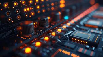 Close-up view of a futuristic sound mixer with glowing controls in a dimly lit studio environment photo