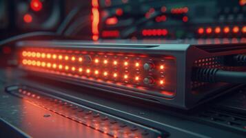 Close-up view of illuminated server equipment with red lights in a tech environment photo