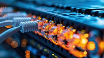Close-up view of illuminated network cables connected to a server, showcasing technology in action photo