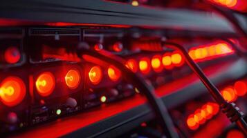 Close-up of illuminated server rack showcasing red lights and connected cables in a data center photo