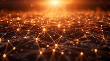 Glowing network connections on a dark surface with a bright sunrise in the background photo