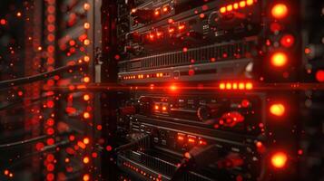 Close-up view of illuminated server racks with red lights, showcasing technology in action photo